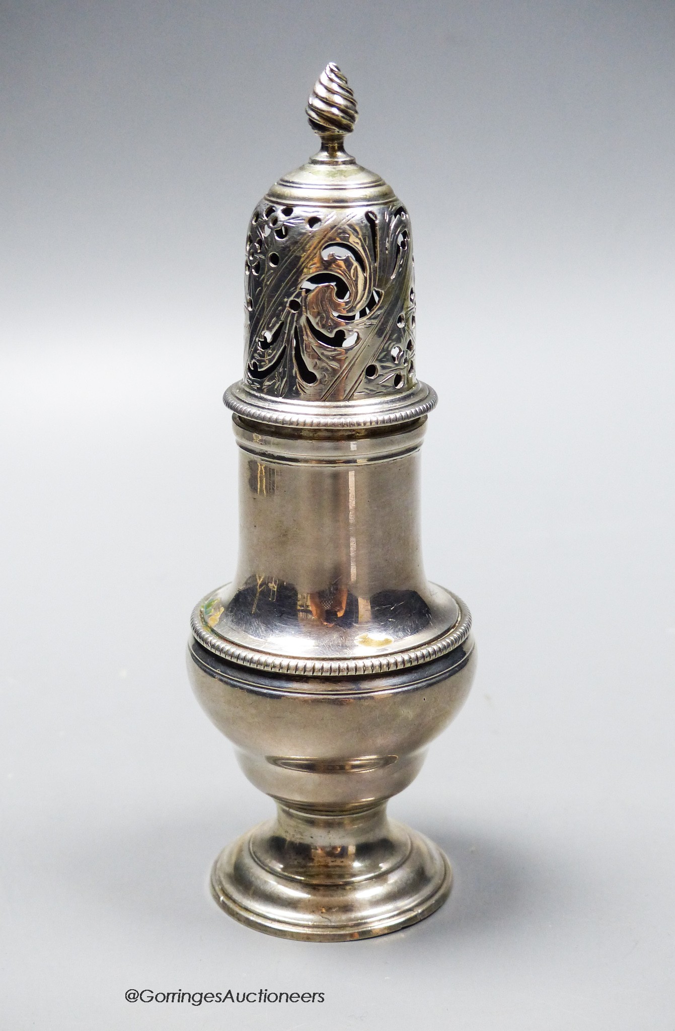 A George III silver baluster pepper, Daniell & Mince, London, 1770, 15.3cm, 140 grams.